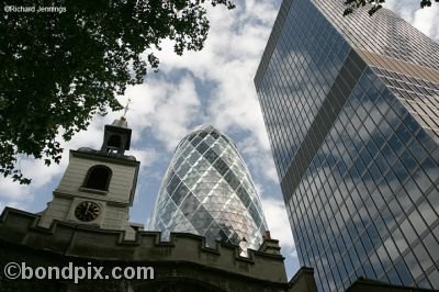 Office skyscrapers and church tower in London, England