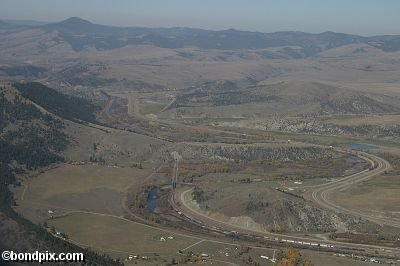 Aerial views over the Deer Lodge valley, Deer Lodge, Anaconda and Butte in Montana