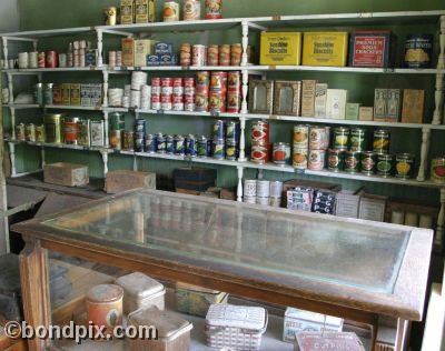 Old grocery store contents in the town of Nevada City in Montana