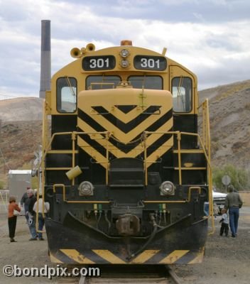 The Copper King Express and smelter stack on RARUS Railway in Anaconda, Montana