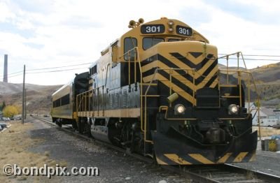 The Copper King Express and smelter stack on RARUS Railway in Anaconda, Montana