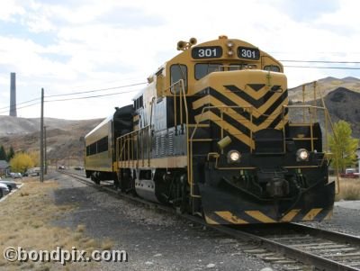 The Copper King Express and smelter stack on RARUS Railway in Anaconda, Montana