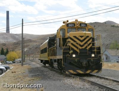 The Copper King Express and smelter stack on RARUS Railway in Anaconda, Montana