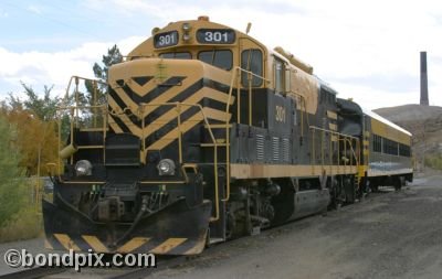 The Copper King Express and smelter stack on RARUS Railway in Anaconda, Montana