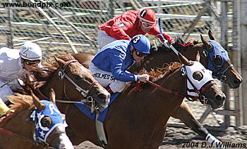 Race horses RJ Red Racer and Masked Huichol lead Bugs Strike It Rich