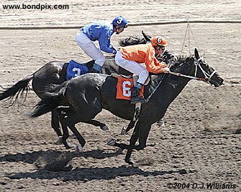 Honest Oaks (Nate Smith) races King and Queen (Terrance Birdrattler) for the line